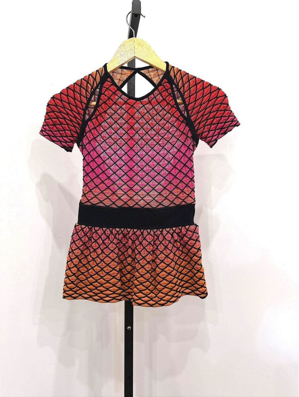 Missoni Size 4 Women's Short Sleeve Gradient Dress Black Mesh Overlay Open Back